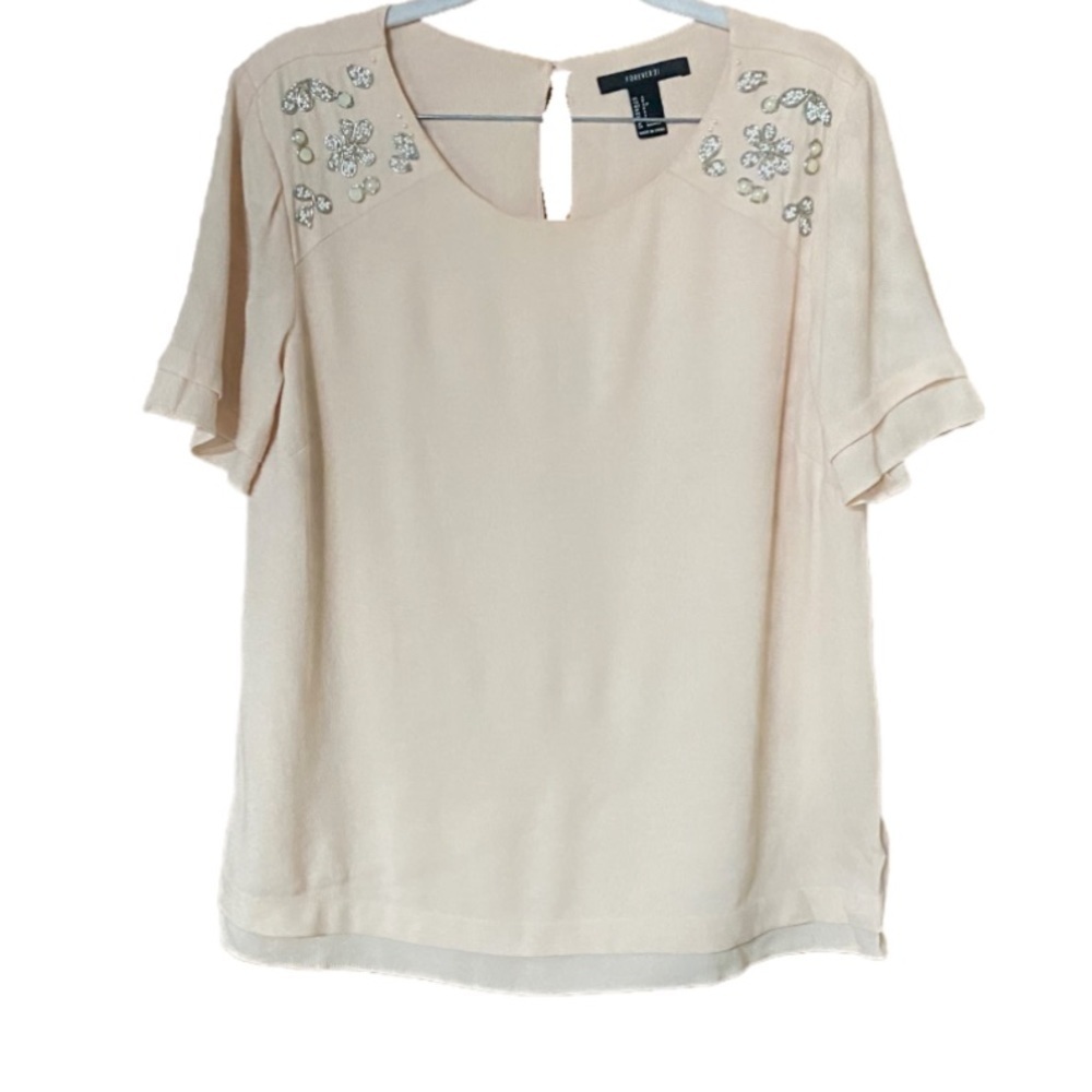 F21 blush pink short sleeve bead embellished top s